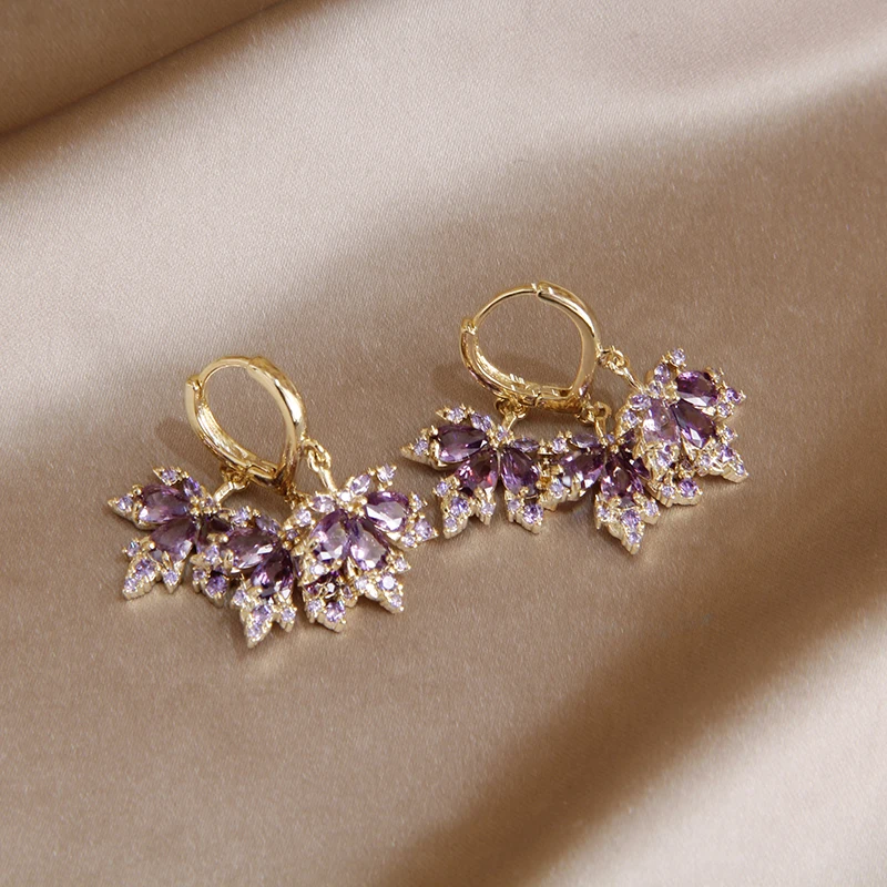 2023 New Purple Crystal Maple Leaf Stud Earrings for Women Fashion Brand Jewelry Set Adjustable Rings Chain Necklaces