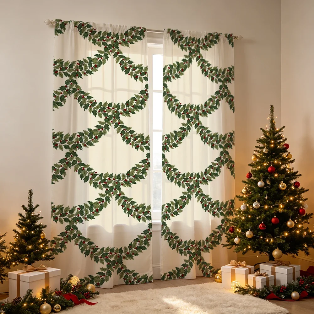 Elegant Ivory Sheer Curtains with Green Garland Pattern for Living Room Window Decor
