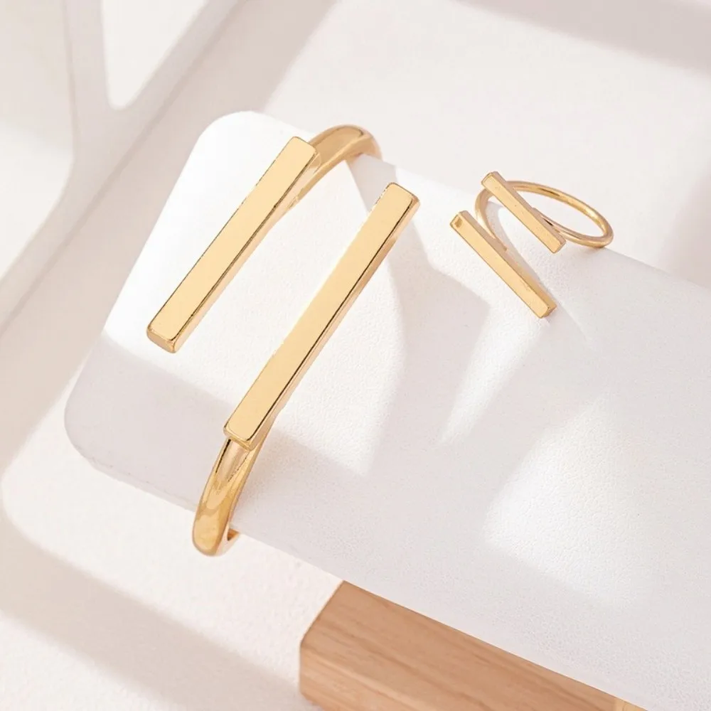 Creative Bangle Ring Set Square Shape Exaggerated Geometric Open Bracelet Adjustable Metal Jewelry Set Women's Accessories