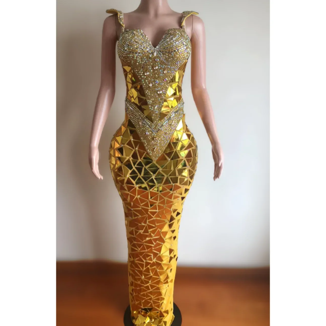 Gold Silver Mirror Dress Women Model Catwalk Singer Performance Stage Costume Birthday Celebrate Gowns Rhinestones outfit