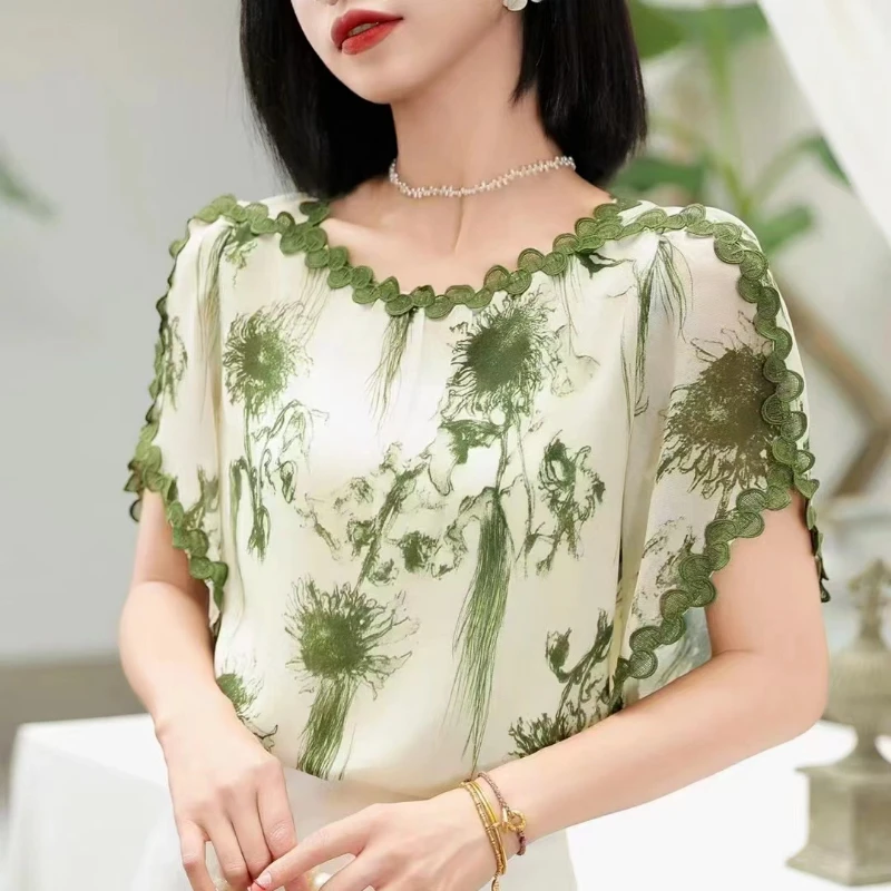 Verão retalhos manga curta chiffon solto elegante blusa fina o pescoço impressão camisa vintage topos moda casual roupas femininas