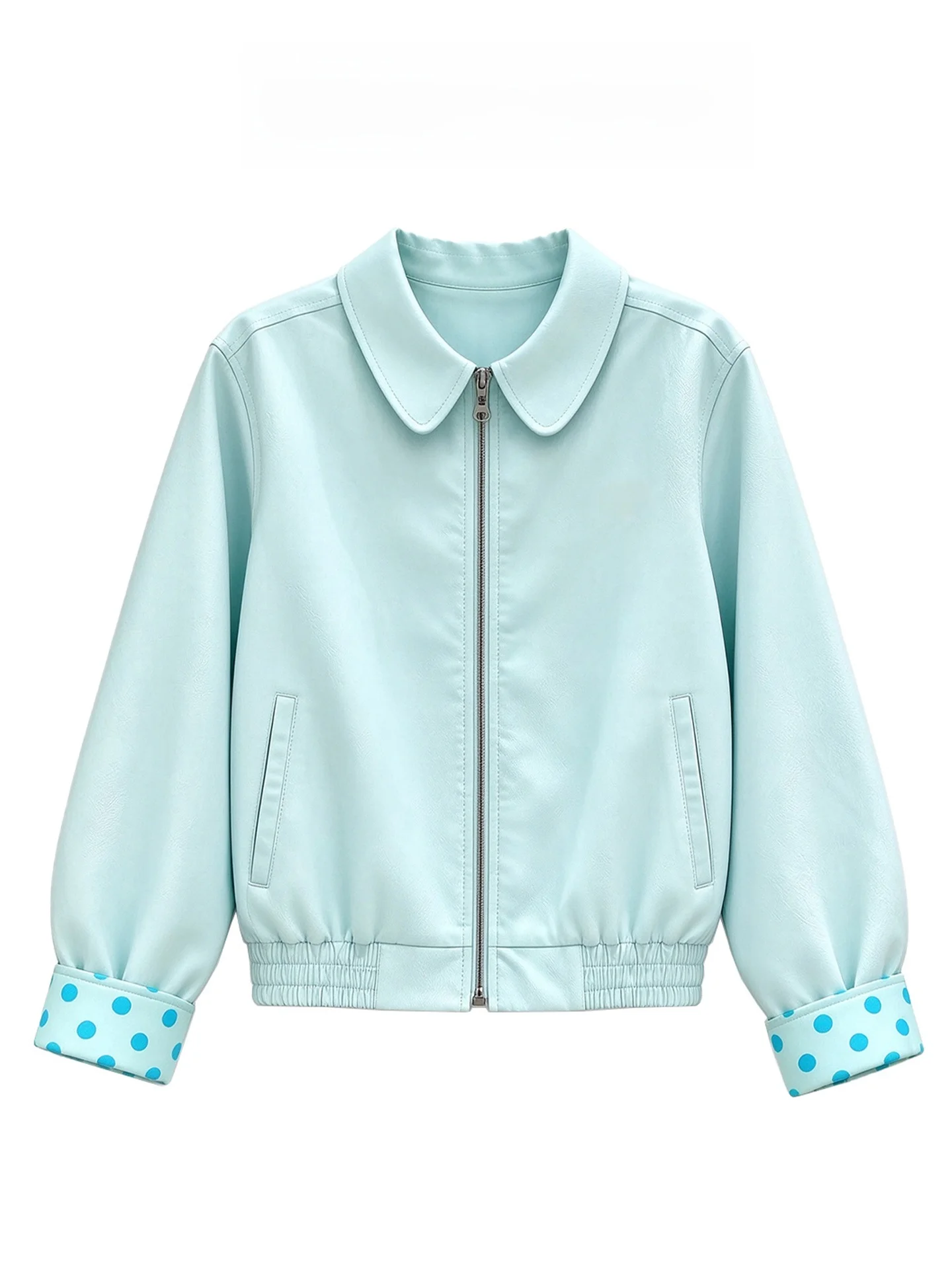 Dopamine Salt Blue Polka Dot Jacket Women's Spring Autumn New Style Zipper Embroidery Short Coat Casual Commute Loose Fit