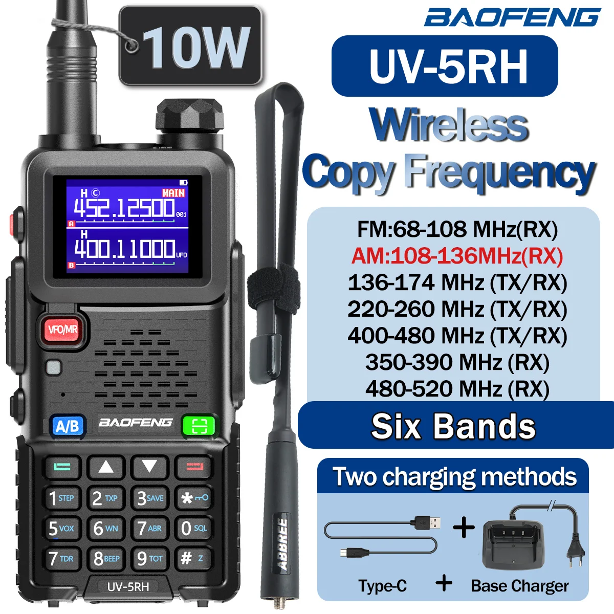 Baofeng UV-5RH Air Band Walkie Talkie Wirless Copy Frequency Type-C NOAA Long Range 999CH Upgraded UV-5R 5RM Ham Two Way Radio