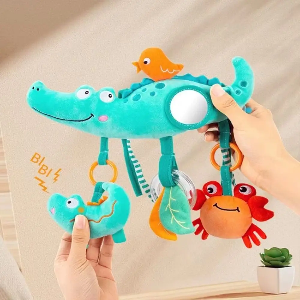 Animal-shaped Baby Stroller Hanging Pendants Distorting Mirror Squeaker Baby Wind Chime Toy with Strap Rattle