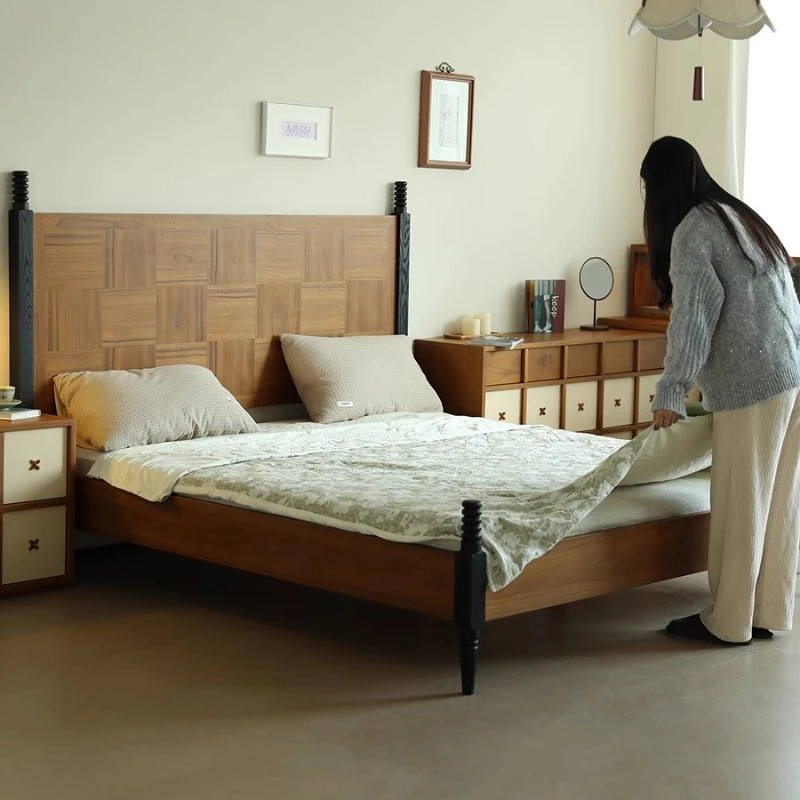 

Imported teak furniture solid wood bed master bedroom double bed frame 1.8 meters 1.5 meters Nordic retro