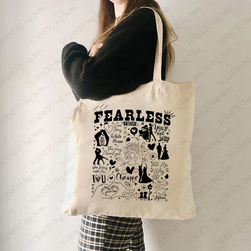 Fearless Album Pattern Canvas Tote Bag Best Gift for swiftie Fans Women Large Capacity Shopping Bags Handbag Aesthetics