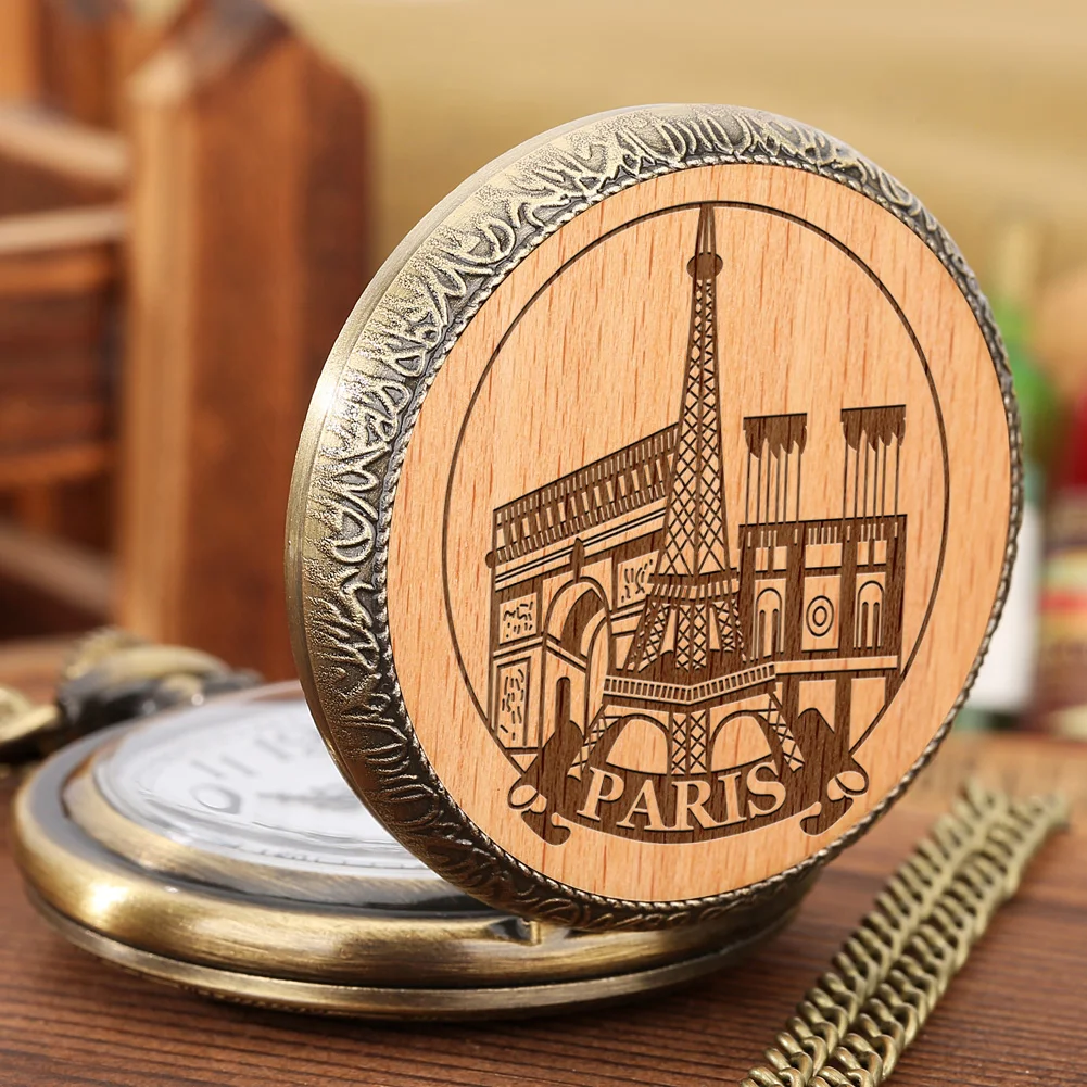 Geformt Gravierte Eiffelturm Paris Frankreich Gebäude Figur Statue Holz Handwerk Quarz Taschenuhr Holz Uhr Souvenir Geschenke