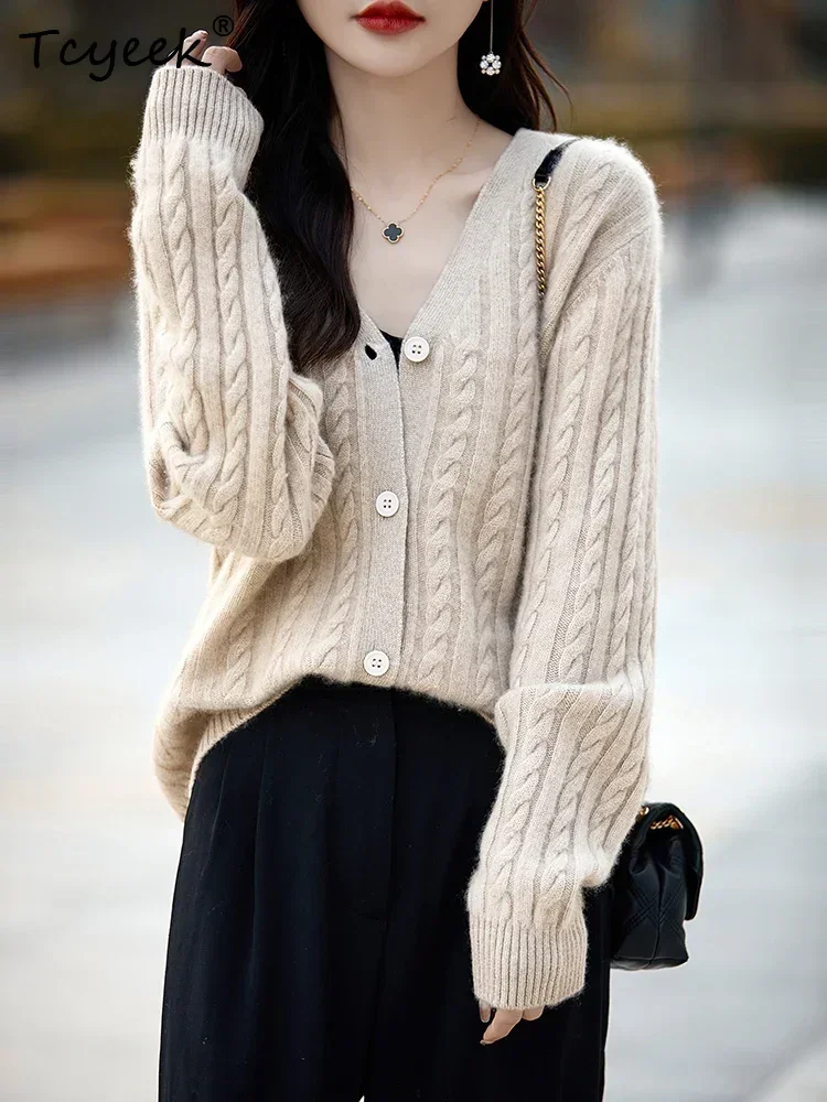 Autumn Winter Women's Sweater Cardigan Ingle Breasted 100% Merino Wool Knitwear Cashmere V-neck Casual Popular Soft Solid Coat