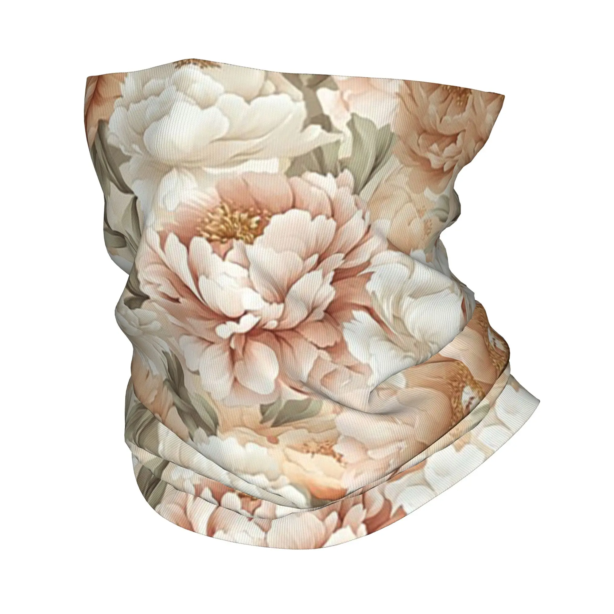 Dreamy Beige And Ivory Peony Floral Neck Cover Printed Wrap Mask Scarf Outdoor Sports Unisex