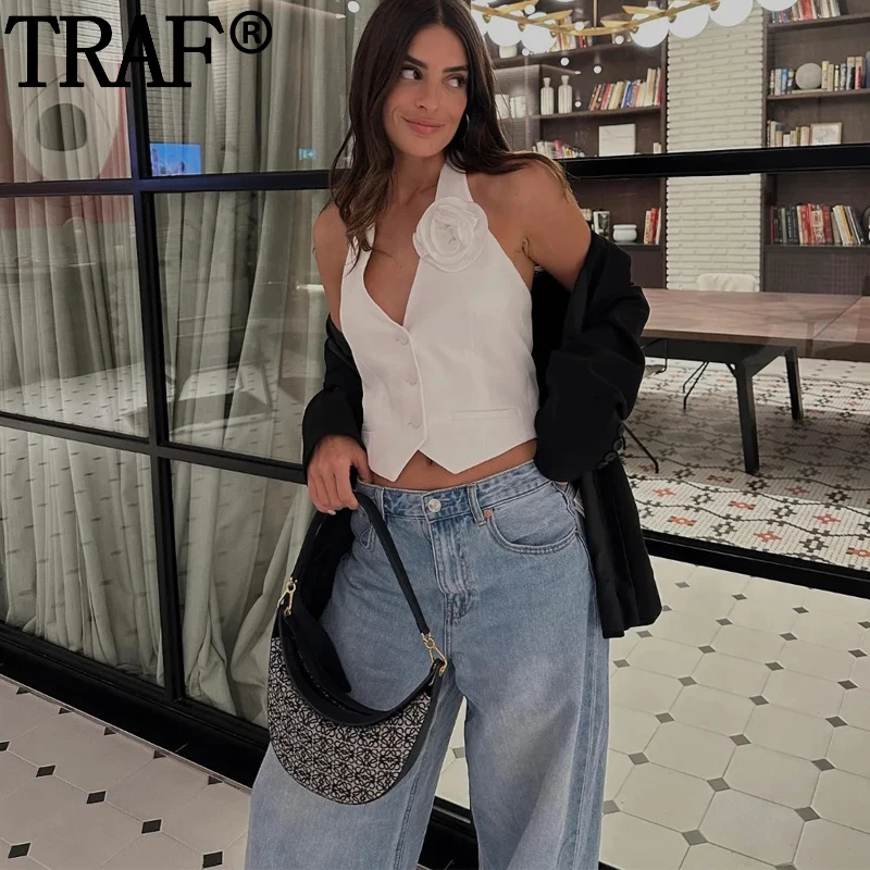 TRAF 2023 Flowers White Vest Woman Off Shoulder Halter Crop Top Women Streetwear Summer Backless Chic And Elegant Woman Jacket