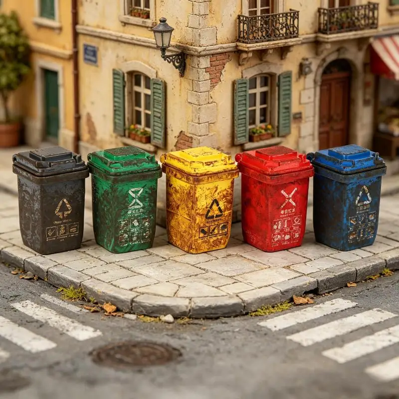 Realistic Miniature Trash Can 3Pcs for Dollhouse Garbage Bin Ornament Weathered Look Model Decor Set