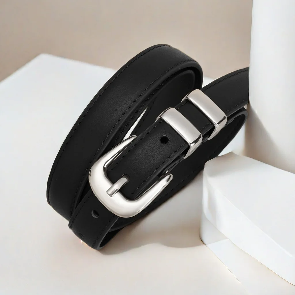 

Fine Belt Women's Autumn Versatile Decorative Suit Premium Sense Belt Leather Black Silver Buckle Ins Wind Belt Women