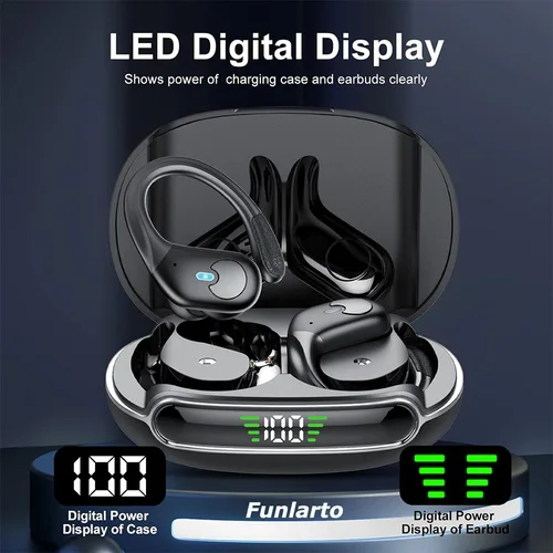 Imagen 2 del producto Auriculares deportivos Bluetooth IPX7 auriculares inalámbricos impermeables 60 horas de música con micrófono pantalla LED de potencia gancho para la oreja suave auriculares TWS