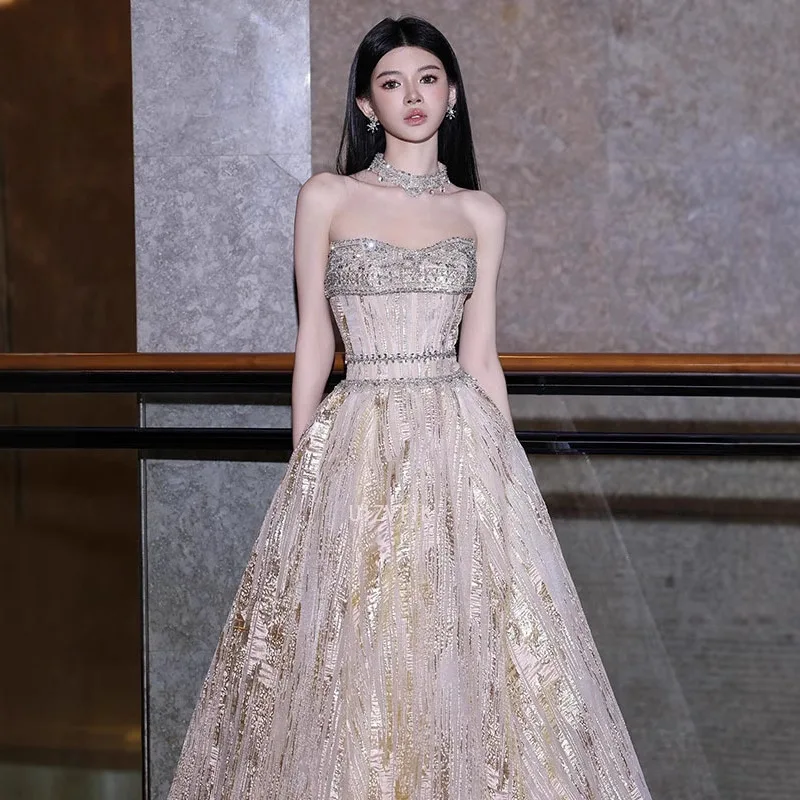 

Golden Off-Shoulder Long Prom Dresses Light Luxury Strapless Diamonds Wedding Party Evening Dress Elegant Formal Occasion Dress