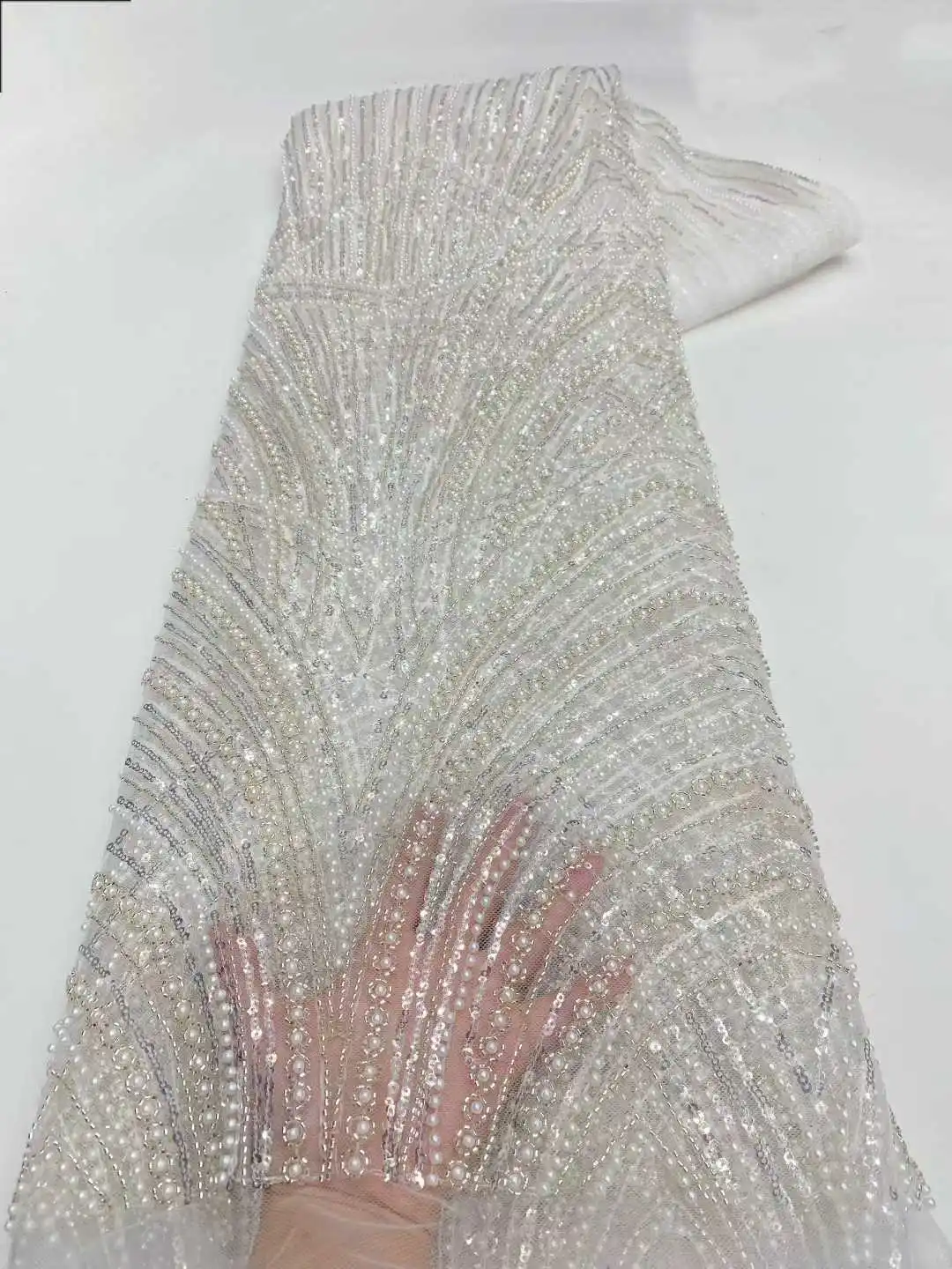 

5yards African Sequins Beaded Groom Lace Fabric High Quality French Tulle Lace Fabric Embroidery Nigerian Lace Fabrics Sewing