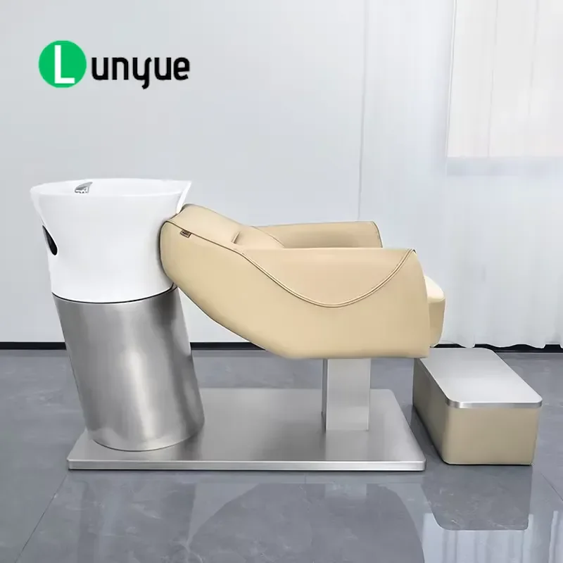 Modern Luxury Spa Shampoo Chair Stainless Steel Frame PU Leather Semi-Reclining Design High Density Sponge Ceramic Basin Hair