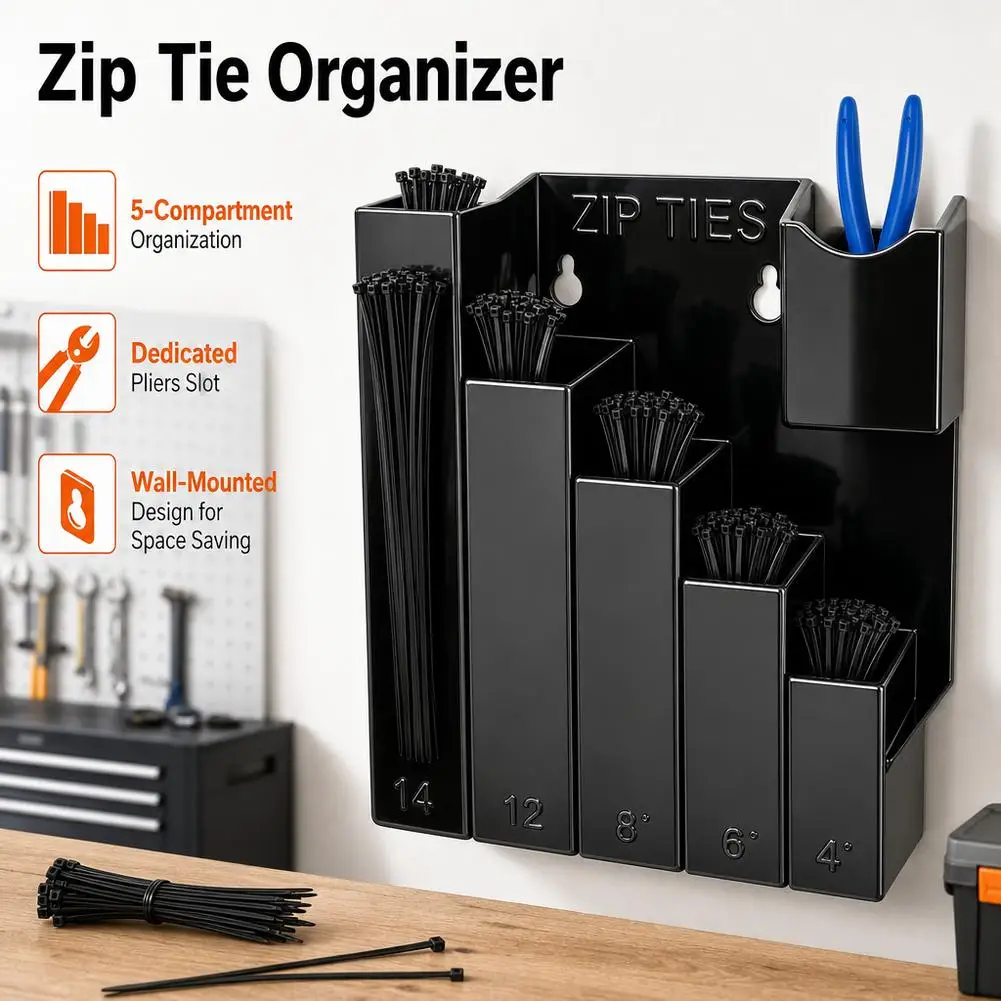 Cable Tie Organizer Rack Black ABS Plastic Wall-Mount Storage Holder with 5 Independent Compartments for Garage Workshops