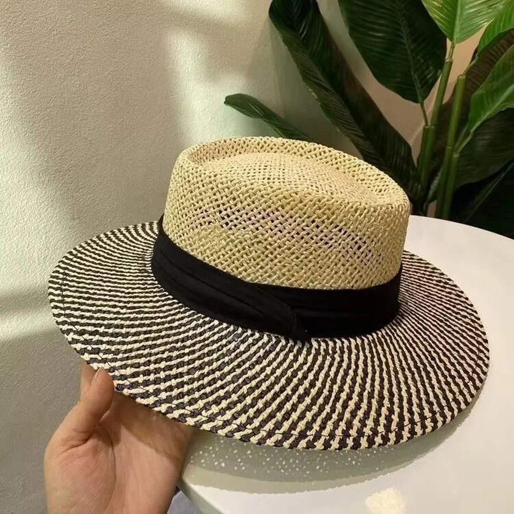 Striped Women\'s Sun Hat with Wide Brim Made of Lightweight Paper Straw for Neck UV and Summer Outdoors Striped