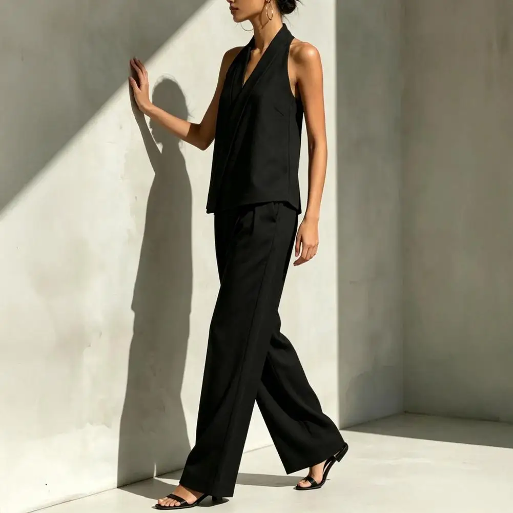 

Summer Women's Two Piece Set, Sleeveless V Neck Vest Top And Wide Leg Pants Matching Sets, Casual Business Office Work Outfits