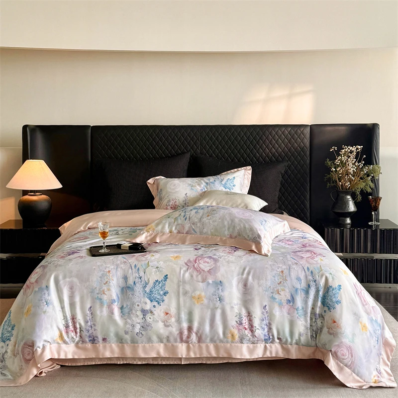 800TC Lyocell Soft Silky Cooling Summer Flowers Prints Luxury Bedding Set Duvet Cover Flat/Fitted Bed Sheet Pillowcases 4Pcs