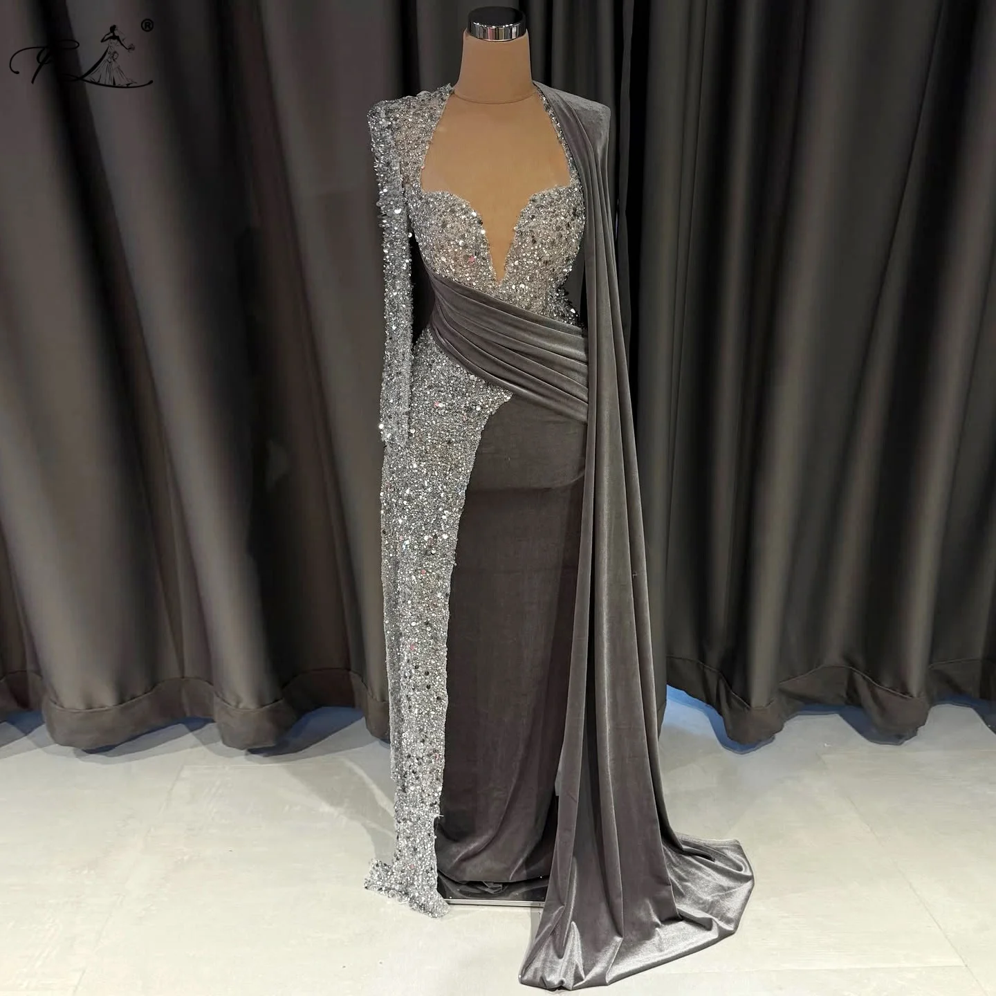 

Sparkling Dress Grey Long-Sleeve V Neck Velvet Evening Gown Sequin Prom Dress Formal Occasion Gown Customization Available