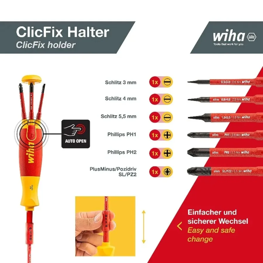 WIHA 38611 6-in-1 Insulated Screwdriver 1000V | Electrician Repair Tool with 6 Slim Bits & LiftUp Bit Magazine