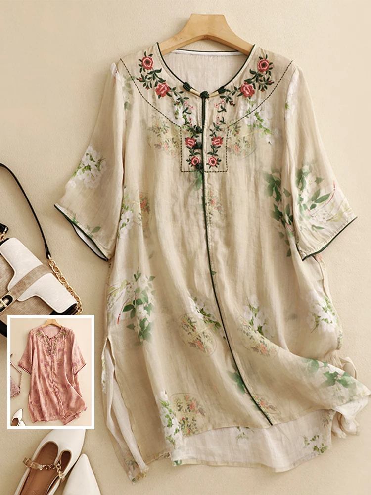 

Китайский льняной принт в стиле ретро f Sve, вышитый утюг, большой размер, женские средней длины, круглые, с разрезом по бокам, флора...