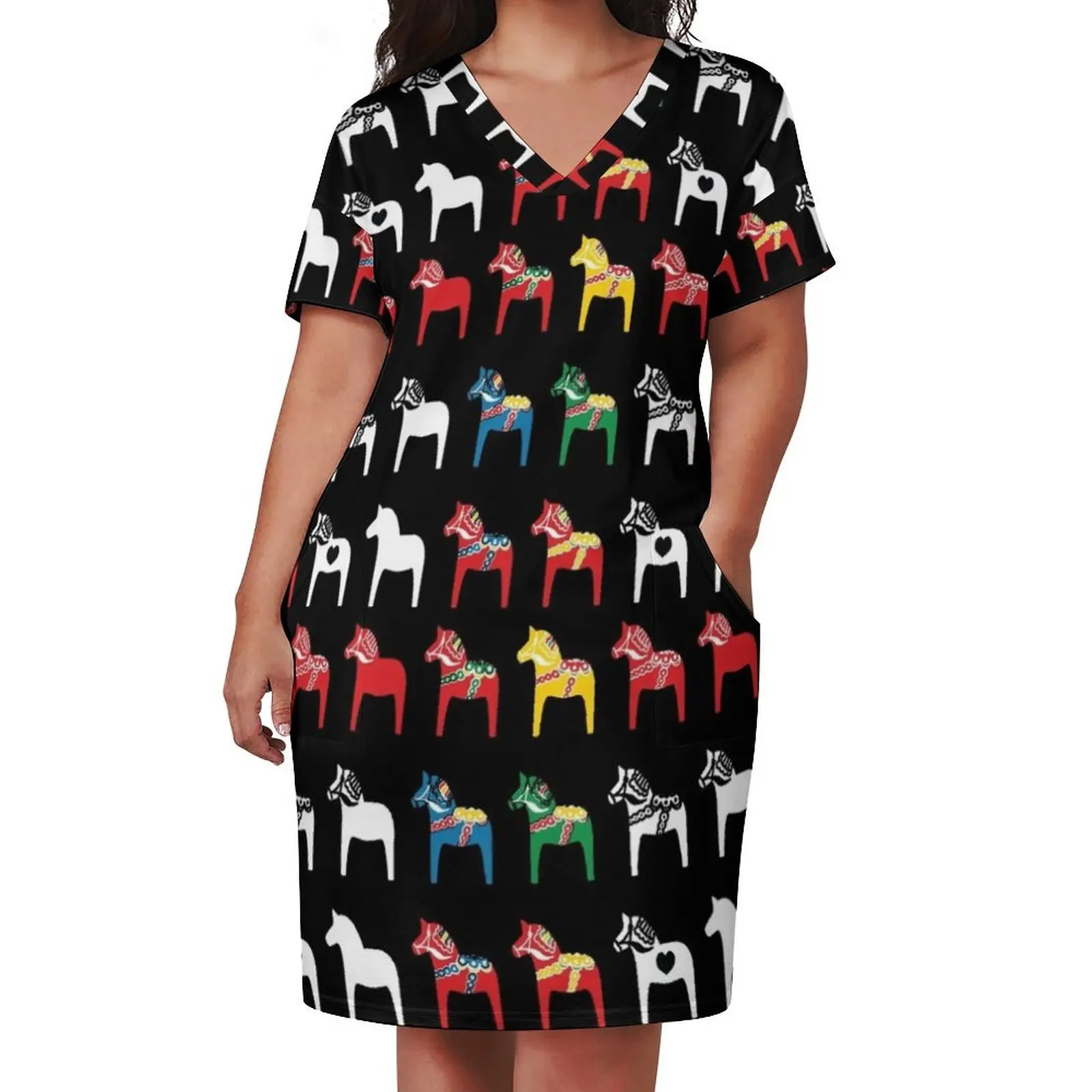 Dala Horses Dalarna Sweden Horse Dalecarlian Swedish Colorful Loose Pocket Dress dress for woman sexy dress for women