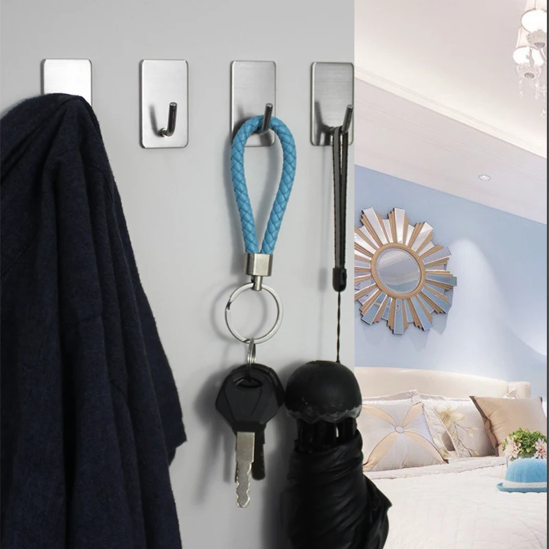 4/1pcs Stainless Steel Hooks Strong Self Adhesive Hook Key Hanger Robe Coat Towel Holder Kitchen Bathroom Organizer Accessories