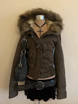 2026 Spring Retro Faux Fur Coats Women 2000s American Vintage Jackets Harajuku Gotihc…