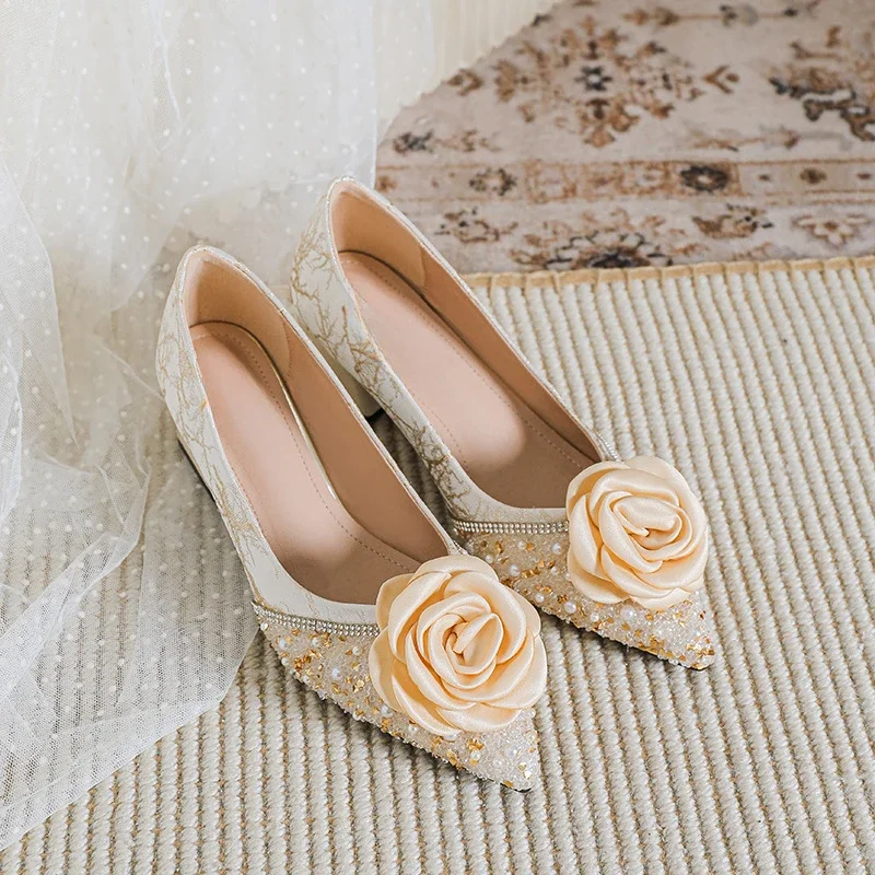 

Новые туфли на высоком каблуке 5 см в сказочном стиле с милыми цветами и бриллиантами, весенне-летние туфли для банкета, свадьбы, подружки невесты, одинарные туфли 43