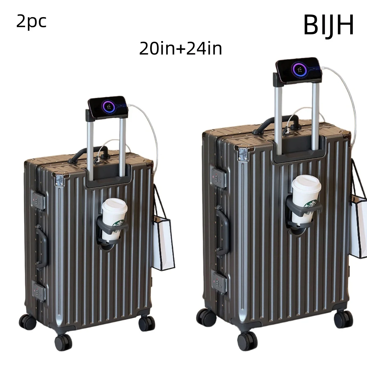 

20-дюймовый и 24-дюймовый комбинированный чемодан на колесиках с алюминиевой рамой, высококачественный изысканный комплект багажа из 2 предметов, материал из жесткого ПК, функция крючка для подстаканника, кодовый замок, бесшумные универсальные колеса