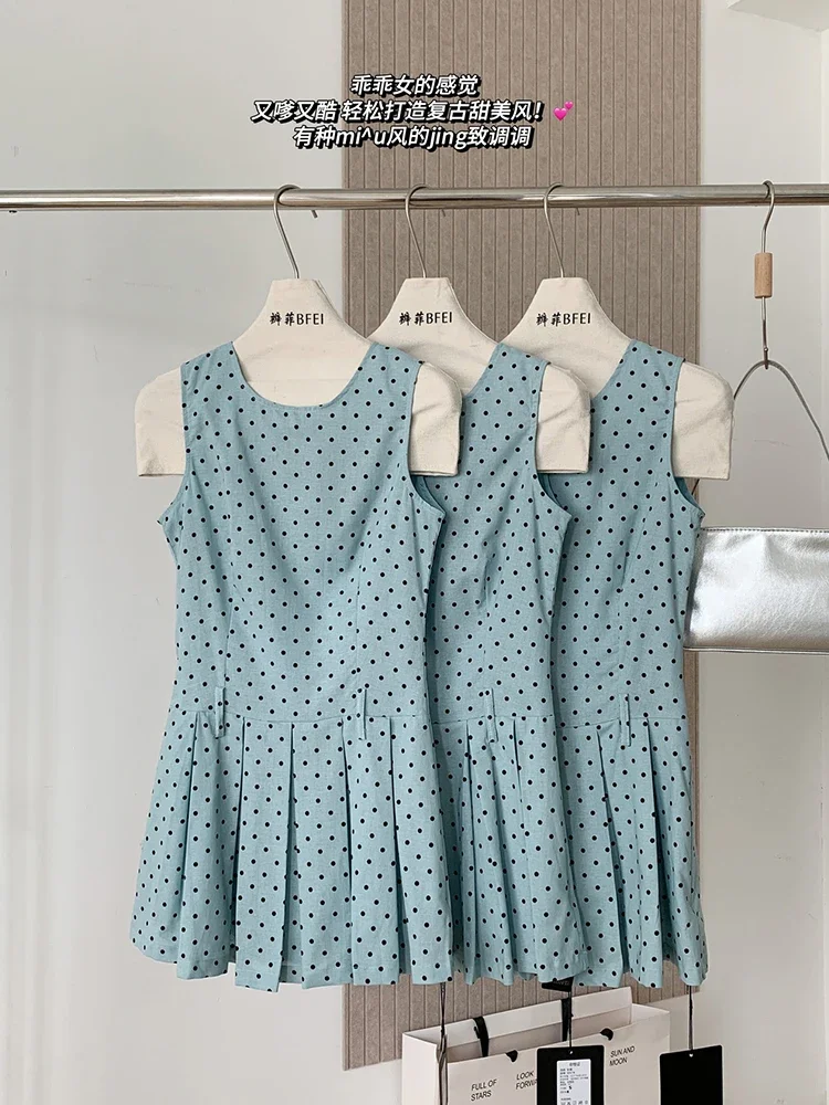 Summer French Vintage Evening Mori Girl Mini Polka Dot Dress Women Coquette 2000s Aesthetic Sleeveless One-Piece Pleated Frocks