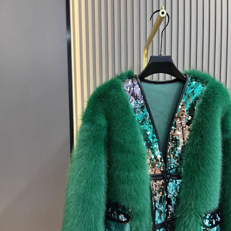 2025 Autumn Winter New Faux Fox Fur Coat Ladies Stylish Fashion Thickened Sequin Furry Integrated Women's Green Long Sleeves Top