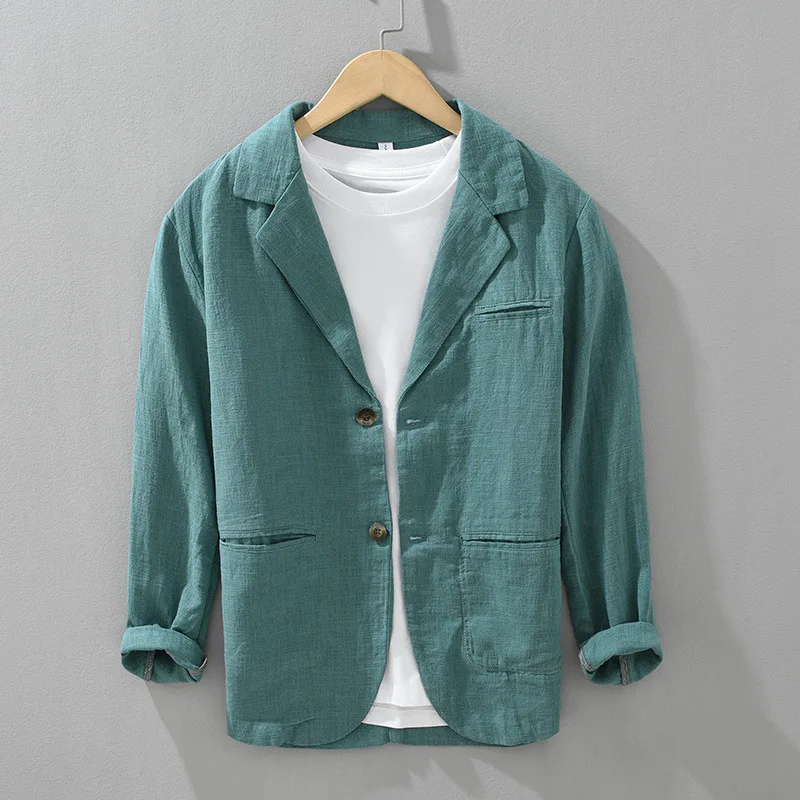 2024 New Cotton Linen Men's Blazer Spring Summer Daily Casual Blazers Loose Green Suit Jackets Japanese Retro Youth Male Suit