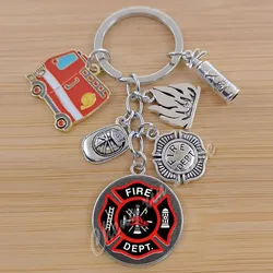 Enamel fire truck fire extinguisher fire hat fire department firefighter keychain DIY glass keychain men's jewelry pendant