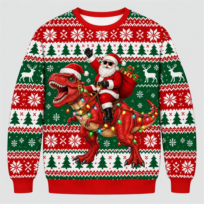 Ugly Christmas Sweatshirt For Men Santa Riding Dinosaur Graphic 3D Print Ugly Sweater Autumn Winter Holiday Party Pullover Xmas