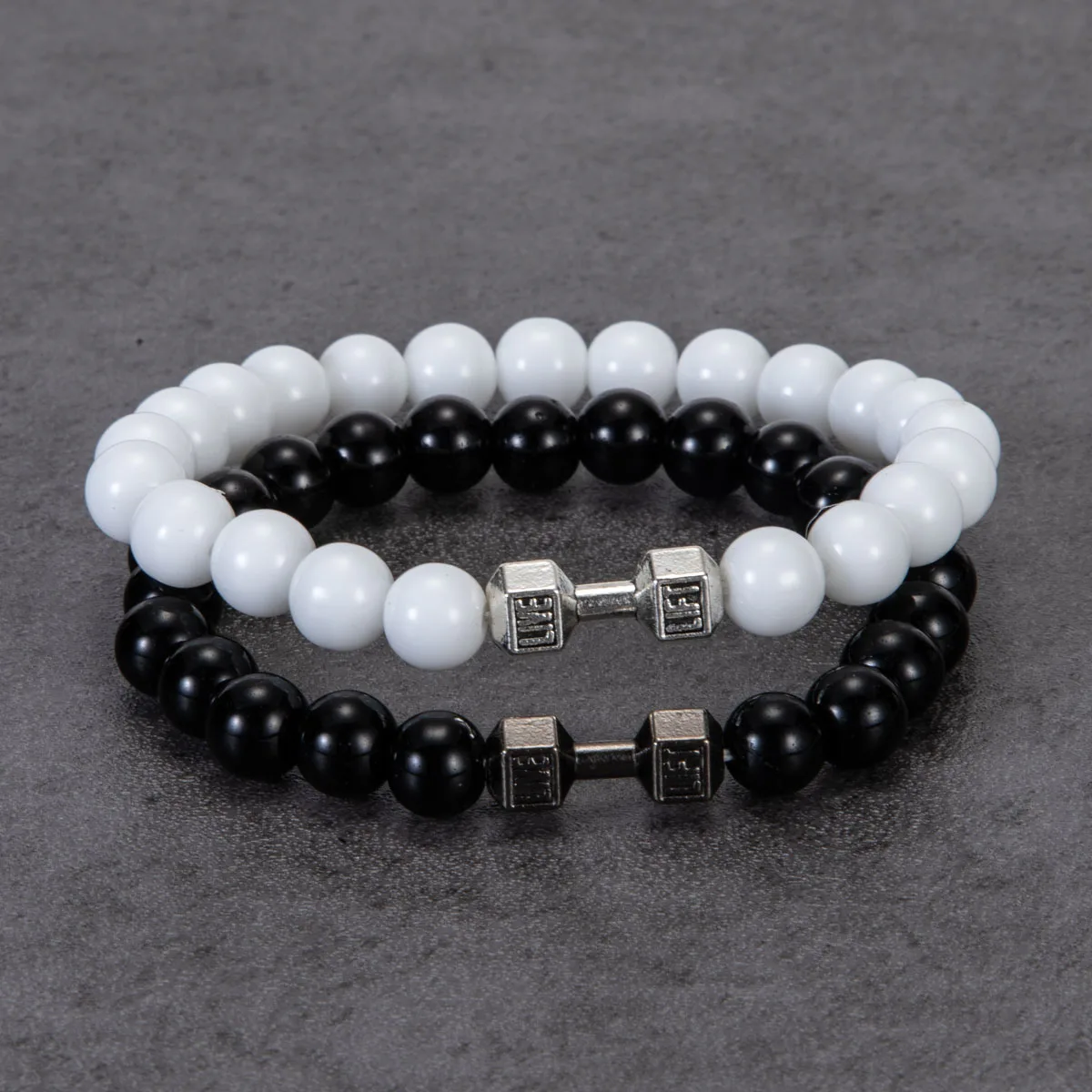 2pcs/Set Natural Stone Dumbbell Beaded Bracelet Black Beads Fitness Fit Life Prayer Bracelets Bangles Barbell Men Jewelry image 2