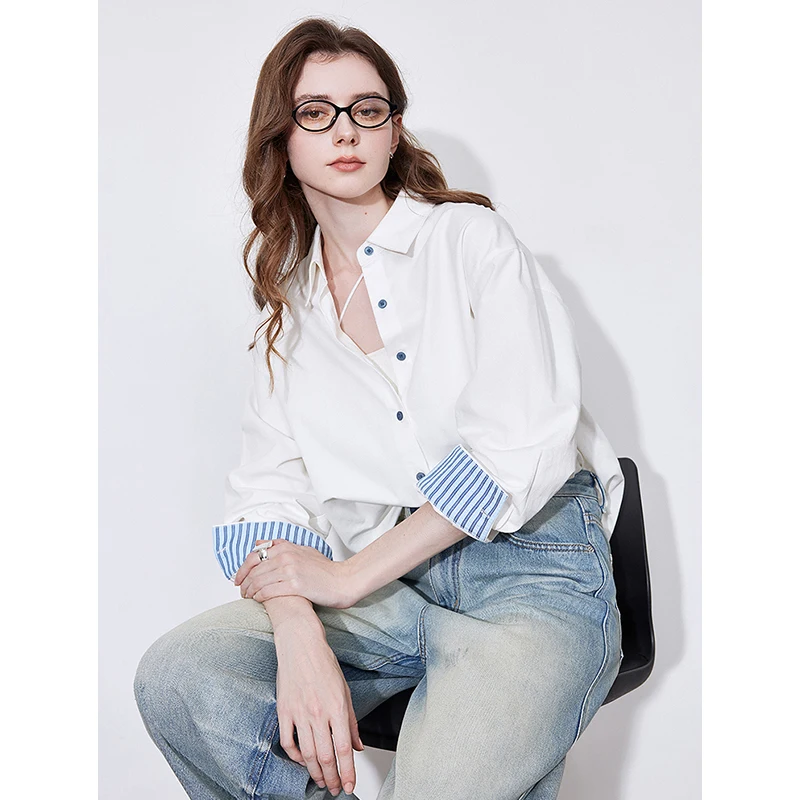 TOYOUTH Women Blouse Shirt 2025 Spring New Striped Turn Down Collar Long Sleeve Office Lady Style Pure Cotton Shirt Tops