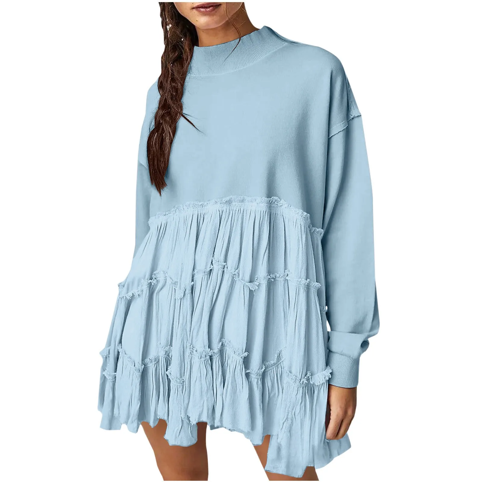 Women Oversized Pullover Sweatshirt Dress Long Sleeve Mock Neck Solid Ruffle Loose Sweatshirts Ladies Autumn Loose Sweatshirts