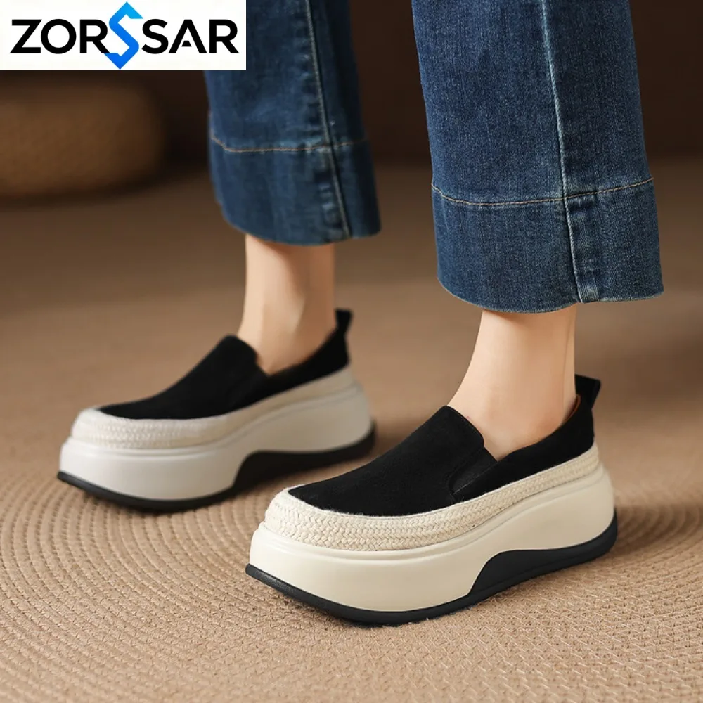 2027 Spring Platform Women Shoes Flats Sneakers Suede Leather Women Casual Shoes Slip on Flats Heels Creepers Moccasins
