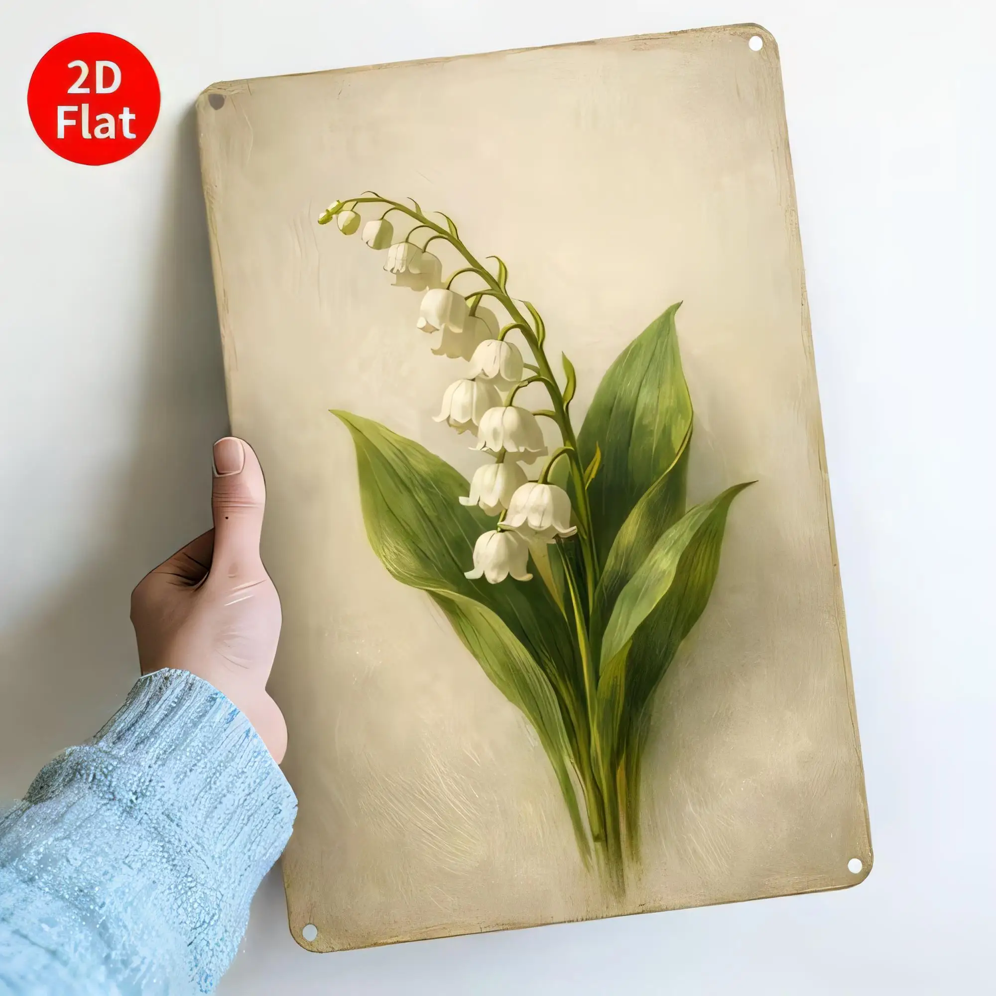 Tin Sign, Vintage Floral Lily of the Valley Metal Wall Art,  Retro Garden Print, Beige Background Hanging Plaque, Farmhouse Cott