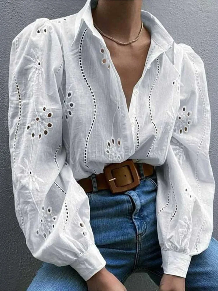 

Spring And Summer Casual Loose Fashion Hollow Puff Sleeve Cardigan Shirt Women's Simple Commuting Solid Color Lapel Shirt