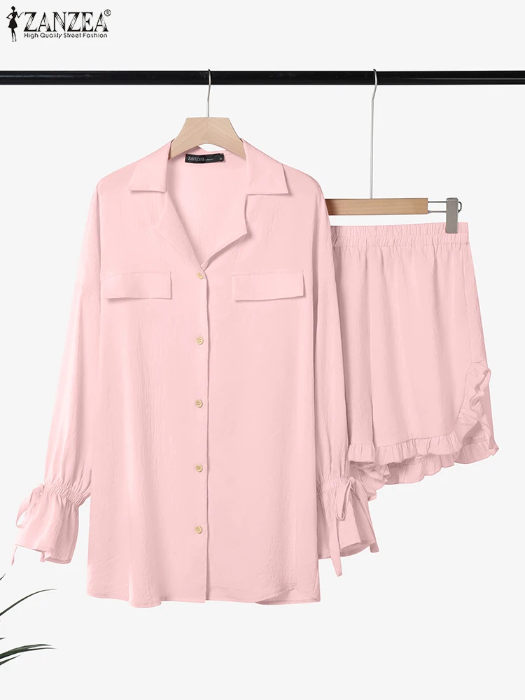 

ZANZEA, женские костюмы, комплекты, повседневные рубашки с длинными рукавами и рюшами, свободные шорты, летние наряды 2025 года, элегантные короткие комплекты для офисной работы