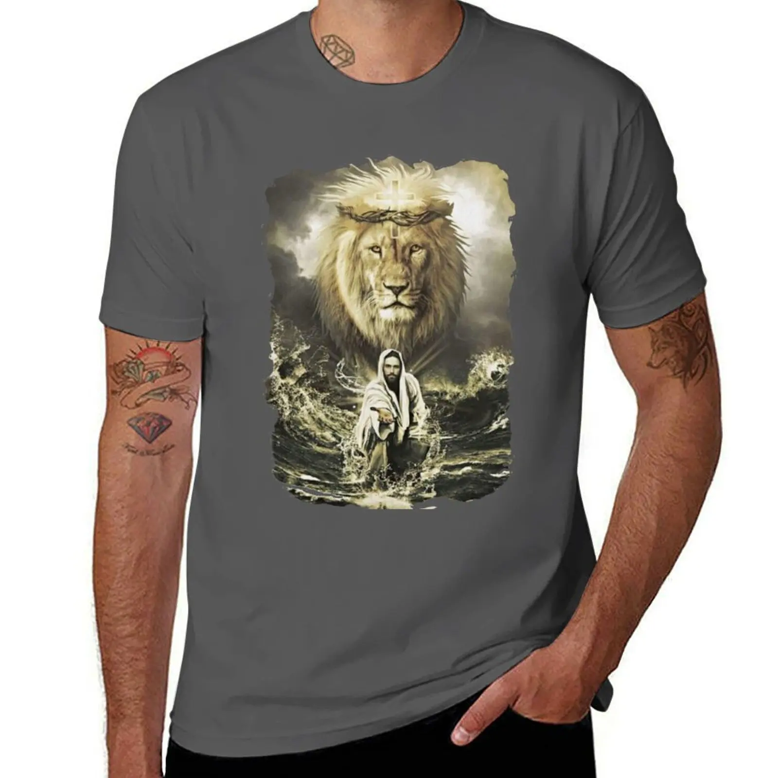 

Jesus and the Lion on the Water...BLK T-Shirt Casual Holiday Short Sleeve Tee