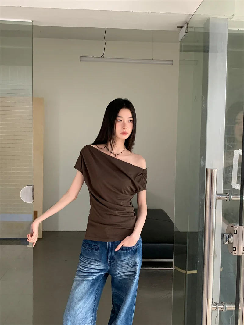 CHEERART Brown Off The Shoulder Top Women Summer Short Sleeve T Shirt Solid Casual Top Ruched Skew Neck Casual Top