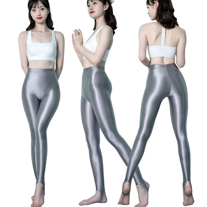 sexy women high waist Satin Silky Leggings Yoga bodybuilding tight foot pants seamless one-piece pantyhose silky glossy pants