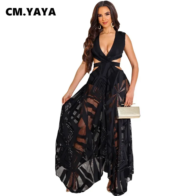 CM.YAYA Women Long Dress Solid Hollow Out Bandage A-line Dresses Cleavage Sexy Night Club Party Vestidos Fashion Outfit Summer