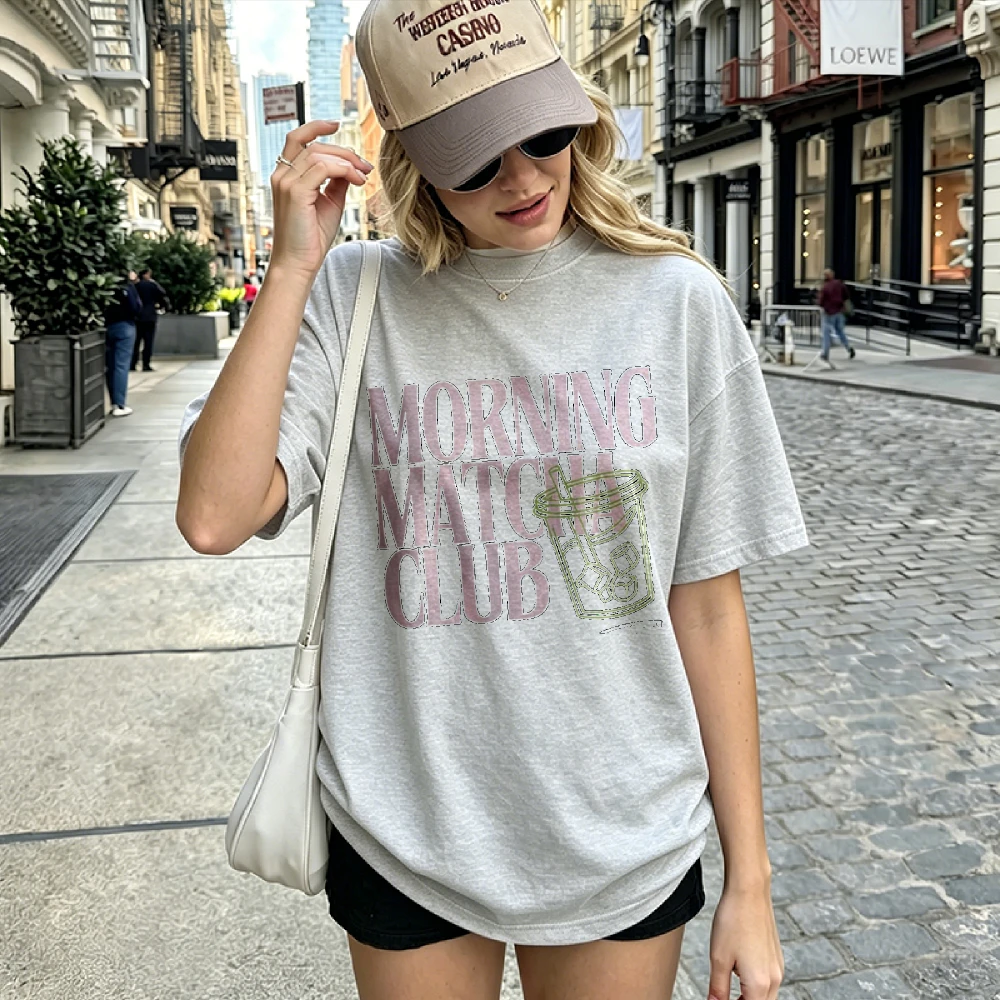 Fresh Style Matcha Iced Drink Ring Oversized Crew Neck Short Sleeve Women Cotton Top Pure Cotton Spring Summer Casual Print Tees