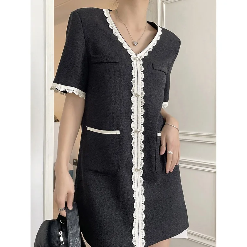 

Small Fragrant Sweet Short-sleeved Dress New Korea East Gate Temperament Elegant Fashion V-neck Lace Loose Summer Dresses Women